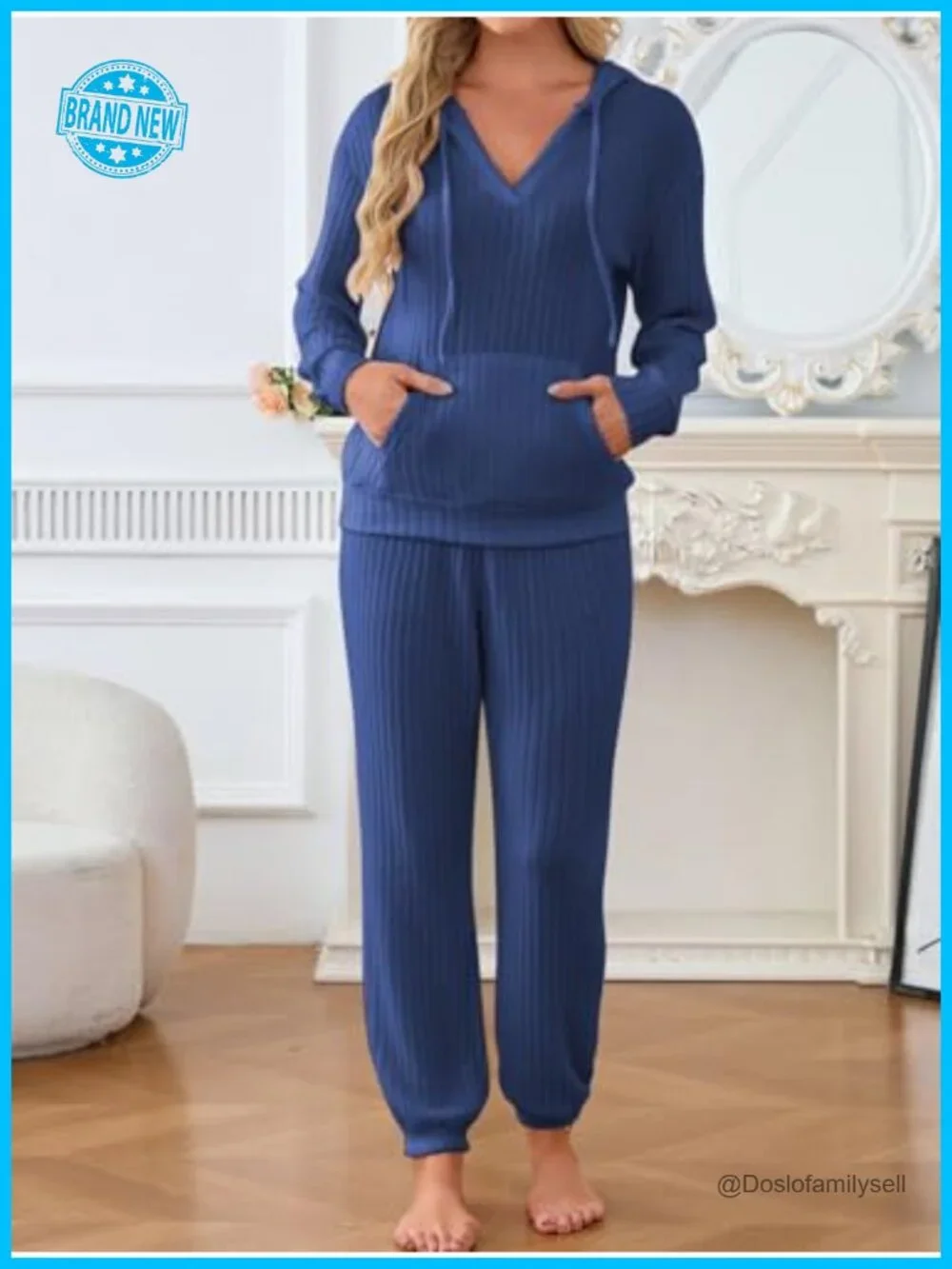 Ribbed Knit Matching Pajama Set with Hoodie & Joggers Pockets